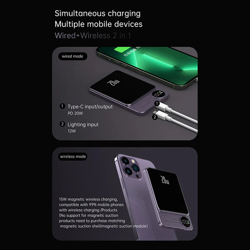 10000mAh Alloy Magnetic Powerbank Magnetic Power Bank Wireless Fast Charger For iPhone 15 14 13 12 11 Backup battery For Magsafe