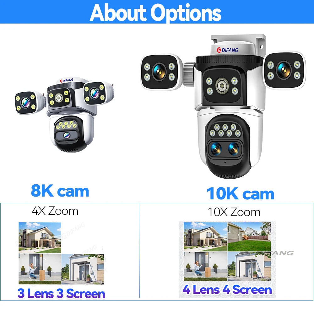 10K Home Security WiFi Camera Four Len Four Screen 360° 10X Zoom CCTV 20MP Wireless Surveillance IP Cam Security Protection