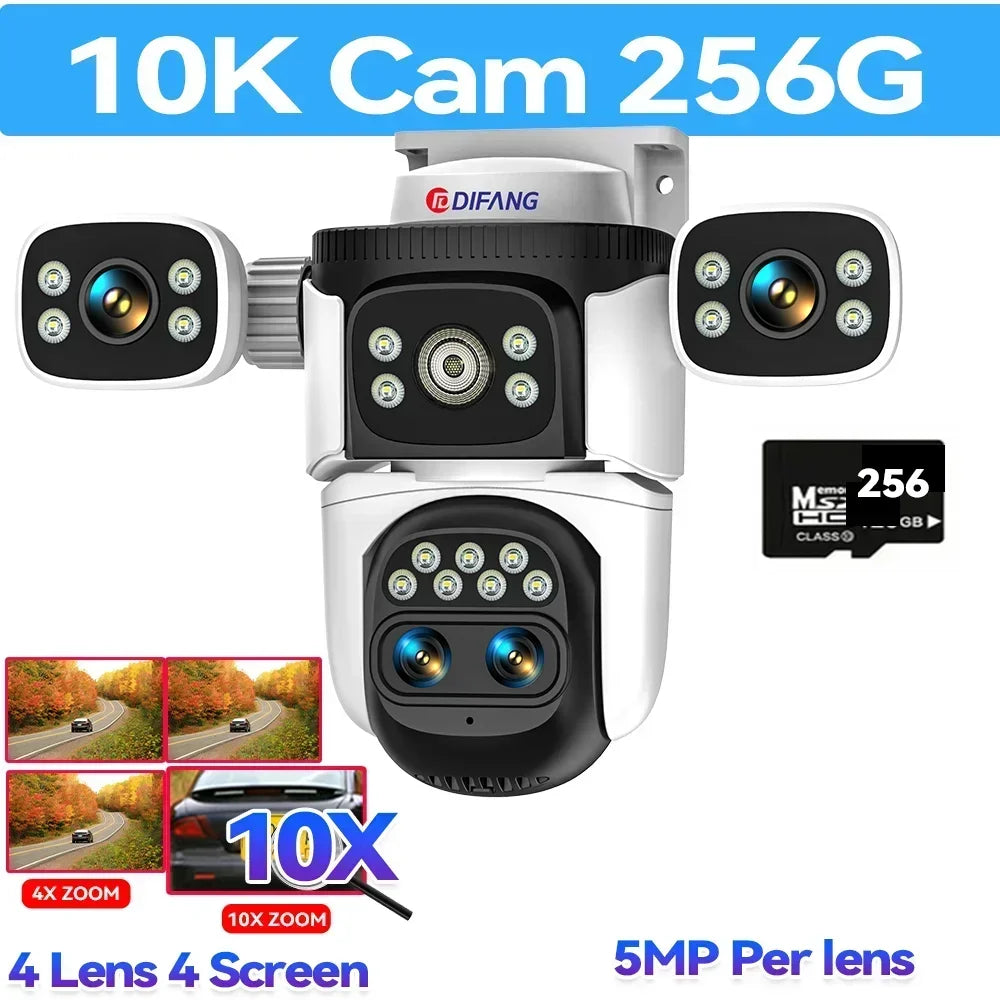 10K Home Security WiFi Camera Four Len Four Screen 360° 10X Zoom CCTV 20MP Wireless Surveillance IP Cam Security Protection