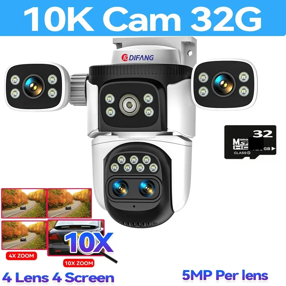 10K Home Security WiFi Camera Four Len Four Screen 360° 10X Zoom CCTV 20MP Wireless Surveillance IP Cam Security Protection