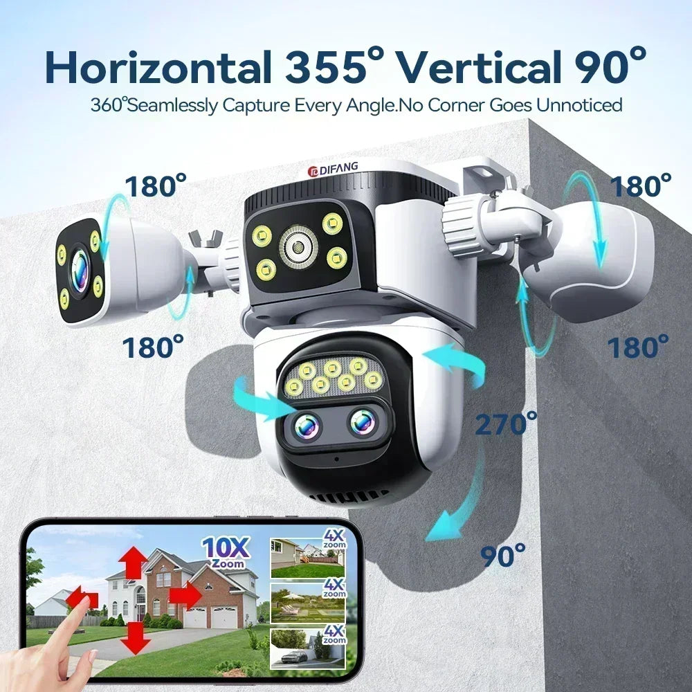 10K Home Security WiFi Camera Four Len Four Screen 360° 10X Zoom CCTV 20MP Wireless Surveillance IP Cam Security Protection