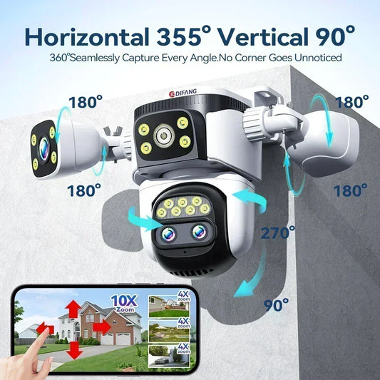 10K Home Security WiFi Camera Four Len Four Screen 360° 10X Zoom CCTV 20MP Wireless Surveillance IP Cam Security Protection