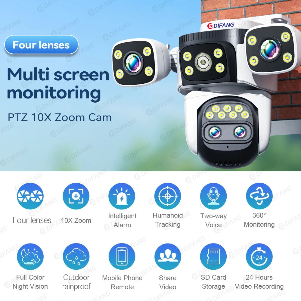10K Home Security WiFi Camera Four Len Four Screen 360° 10X Zoom CCTV 20MP Wireless Surveillance IP Cam Security Protection