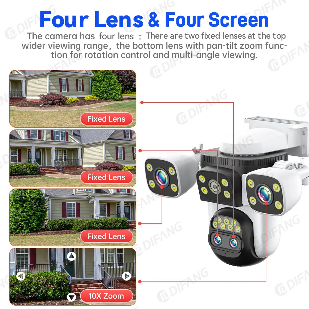 10K Home Security WiFi Camera Four Len Four Screen 360° 10X Zoom CCTV 20MP Wireless Surveillance IP Cam Security Protection
