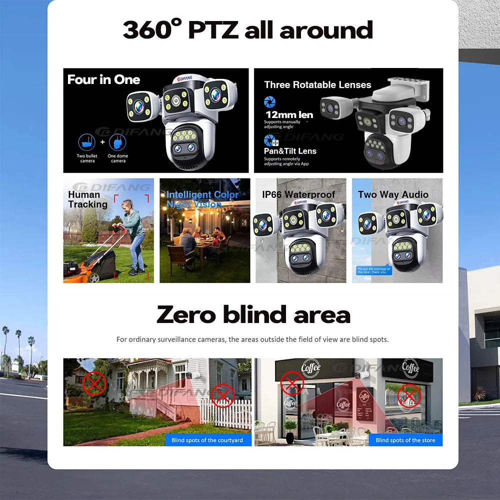 10K Home Security WiFi Camera Four Len Four Screen 360° 10X Zoom CCTV 20MP Wireless Surveillance IP Cam Security Protection