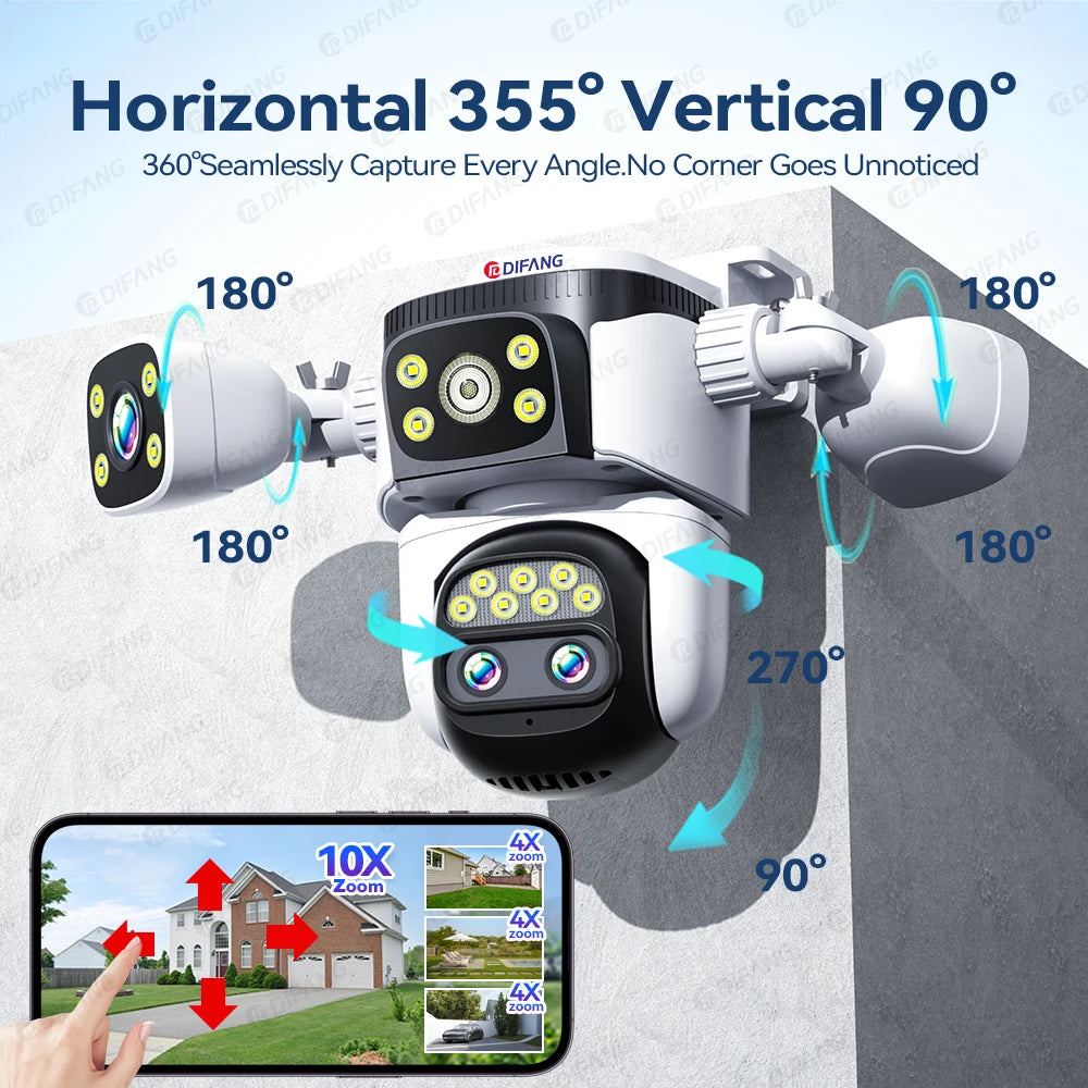 10K Home Security WiFi Camera Four Len Four Screen 360° 10X Zoom CCTV 20MP Wireless Surveillance IP Cam Security Protection