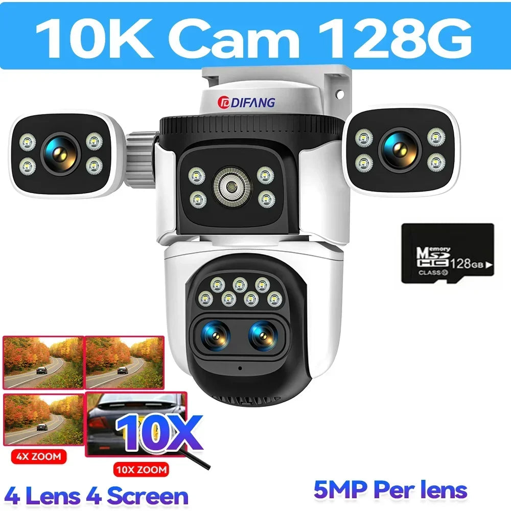 10K Home Security WiFi Camera Four Len Four Screen 360° 10X Zoom CCTV 20MP Wireless Surveillance IP Cam Security Protection