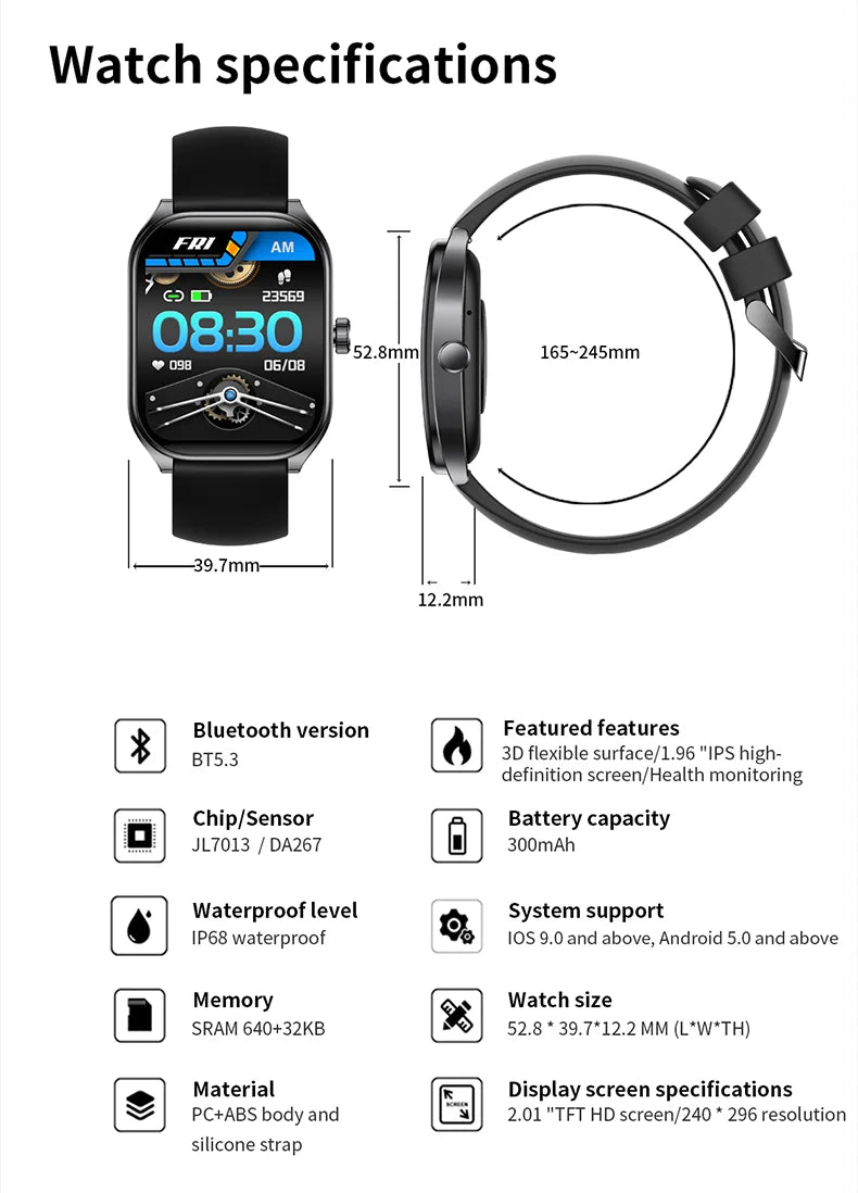 2025 Smart Watch 2.01" IPS HD Display | IP68 Waterproof | Bluetooth 5.3 | 3D Curved Glass | Smart Features:Voice Assistant