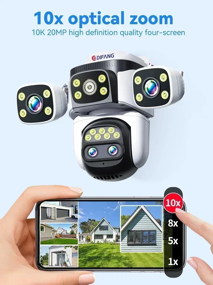10K Home Security WiFi Camera Four Len Four Screen 360° 10X Zoom CCTV 20MP Wireless Surveillance IP Cam Security Protection