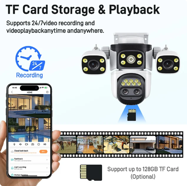 10K Home Security WiFi Camera Four Len Four Screen 360° 10X Zoom CCTV 20MP Wireless Surveillance IP Cam Security Protection