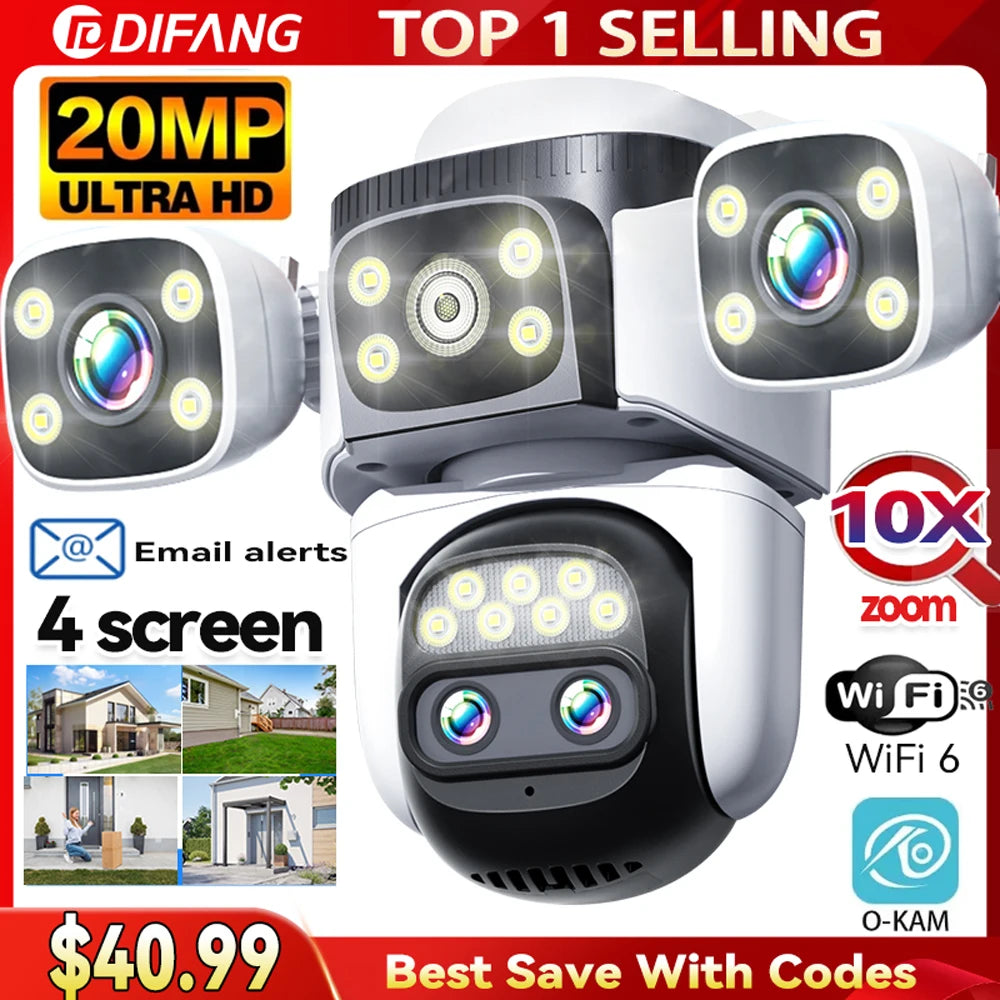 10K Home Security WiFi Camera Four Len Four Screen 360° 10X Zoom CCTV 20MP Wireless Surveillance IP Cam Security Protection