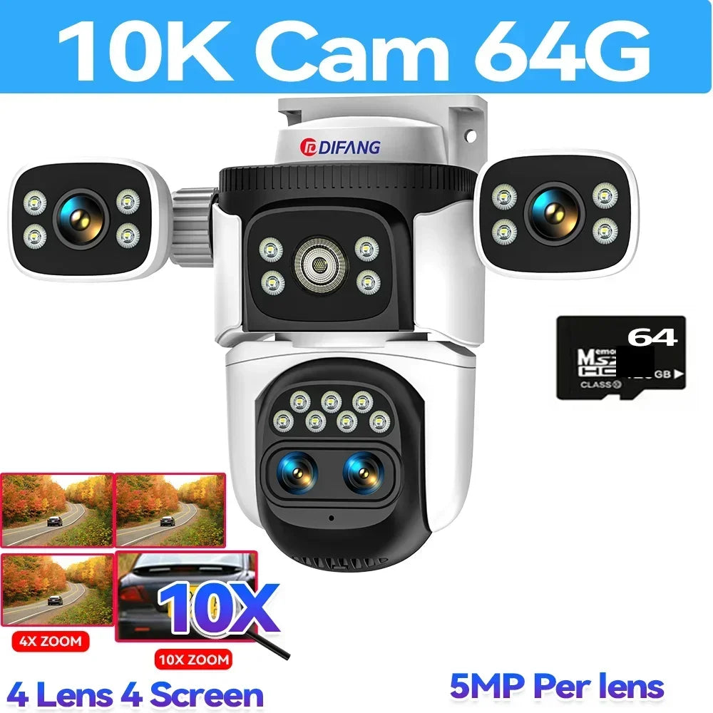10K Home Security WiFi Camera Four Len Four Screen 360° 10X Zoom CCTV 20MP Wireless Surveillance IP Cam Security Protection